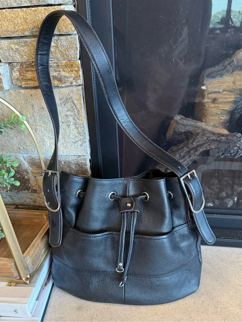 Classic Black Leather Drawstring Bucket Bag